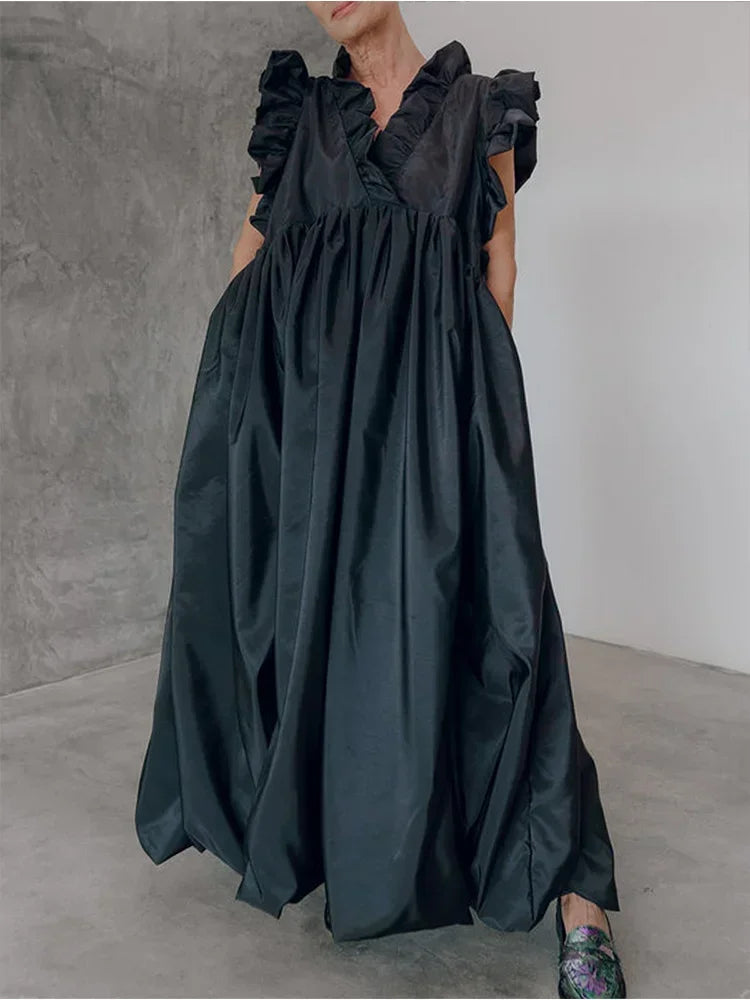 V Neck Pleated A Line Dress
