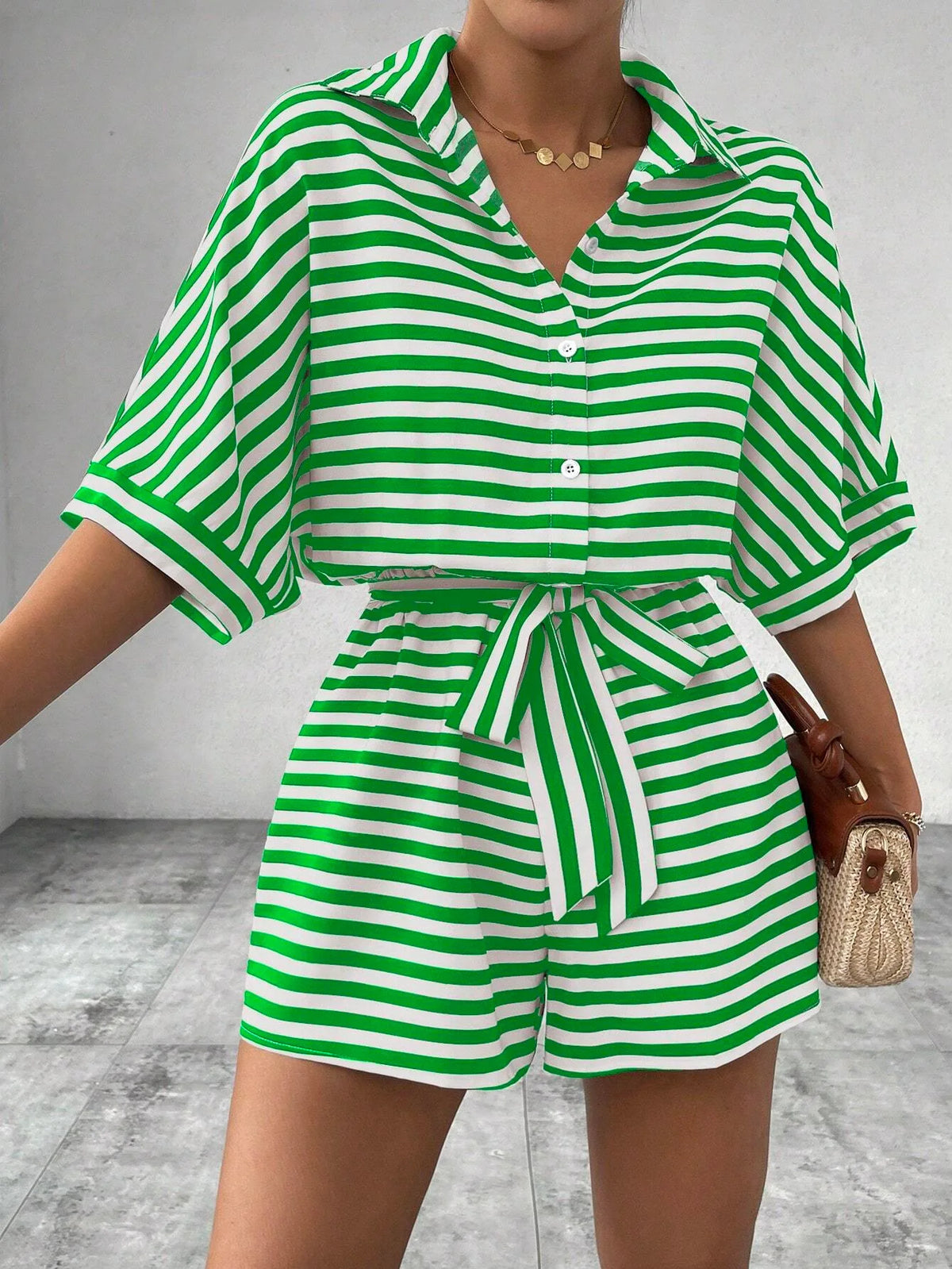 Casual Striped Batwing Sleeve Top And Shorts Set For Women