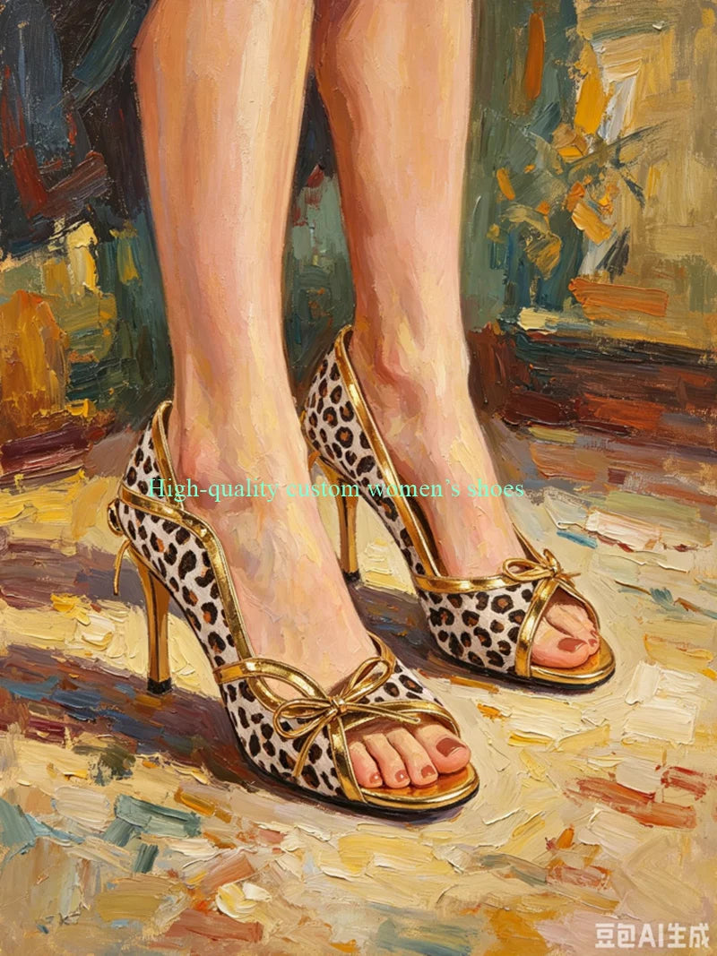 Leopard Print Gold Lace Bow Strappy Sandals for Women