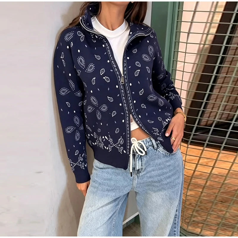 Vintage Printed Knit Stand Collar Zip Cardigan for Women