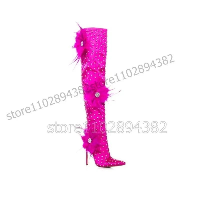 Rose Red Pointy Toe Boots With Thin Heels For Women