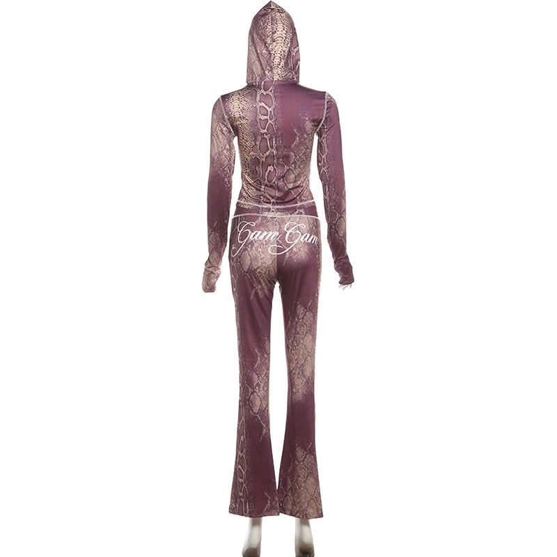 Snake Print Zip Jacket and Pants Two Piece Set for Women