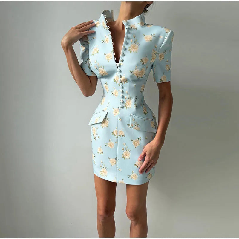 Elegant Printed Short Sleeve Stand Collar Dress for Women