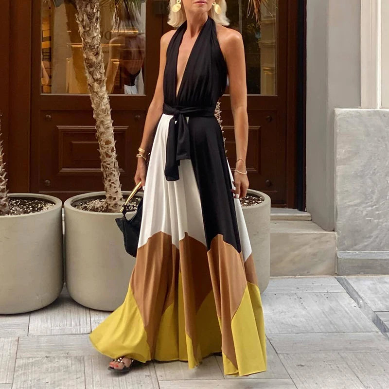 Bohemian Patchwork Backless Halter Dress for Women