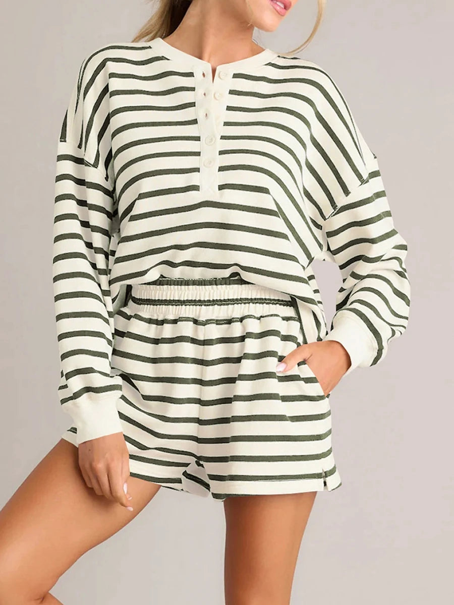 Women'S Striped Long Sleeved Shorts Set Long Sleeved T-Shirt With Elastic Waist Shorts Spring and Autumn Sports Set