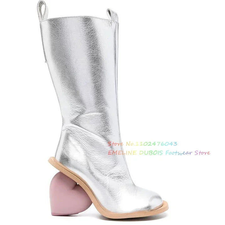 Black Leather Side Zip High Heart-Shaped Heel Knee High Boot Women Square Toe Double Pull-Tab Retro Long Boot for Ladies