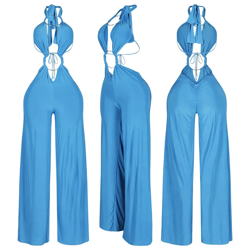 Metal Ring Bandage Hollow Out Halter Backless One Piece Jumpsuit for Women
