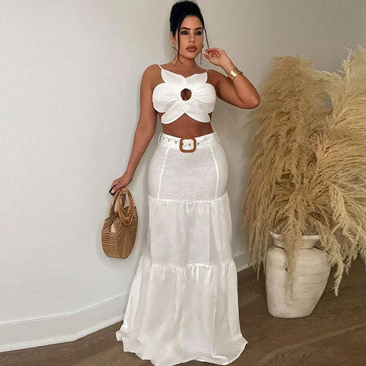 Sexy Party Club 2 Piece Sets Women Outfit Summer Dress Flower Crop Top and Long Skirt Set Elegant Vacation Festival Outfits