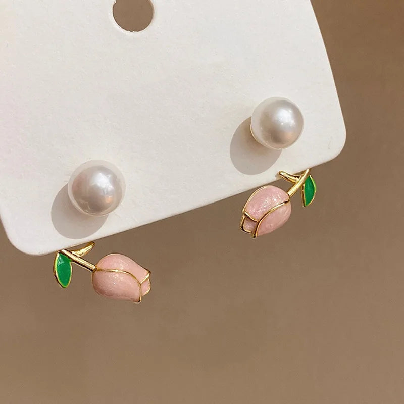Pearl Tulip Enamel Stud Earrings With Zircon Drops for Women