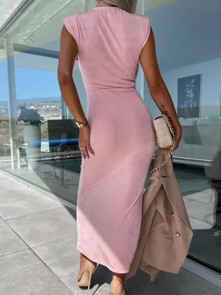 Office Lady Loungewear Deep V-Neck Maxi Dress Women Summer Sleeveless Solid Slim Fit Folds Party Dress Streetwear Dropshipping