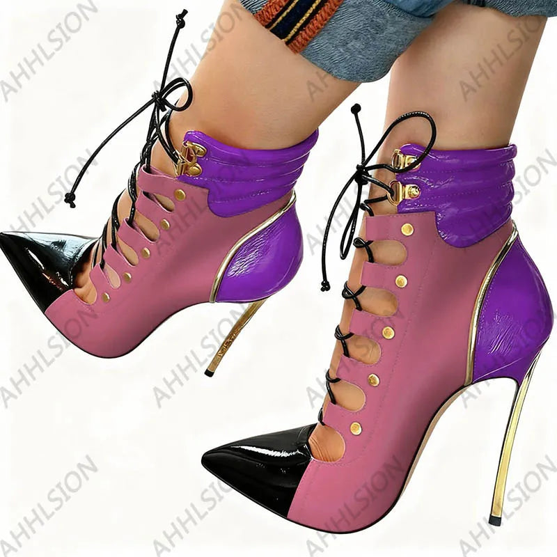 Pointed Toe Purple Leather Ankle Boots With Gold Accents For Women