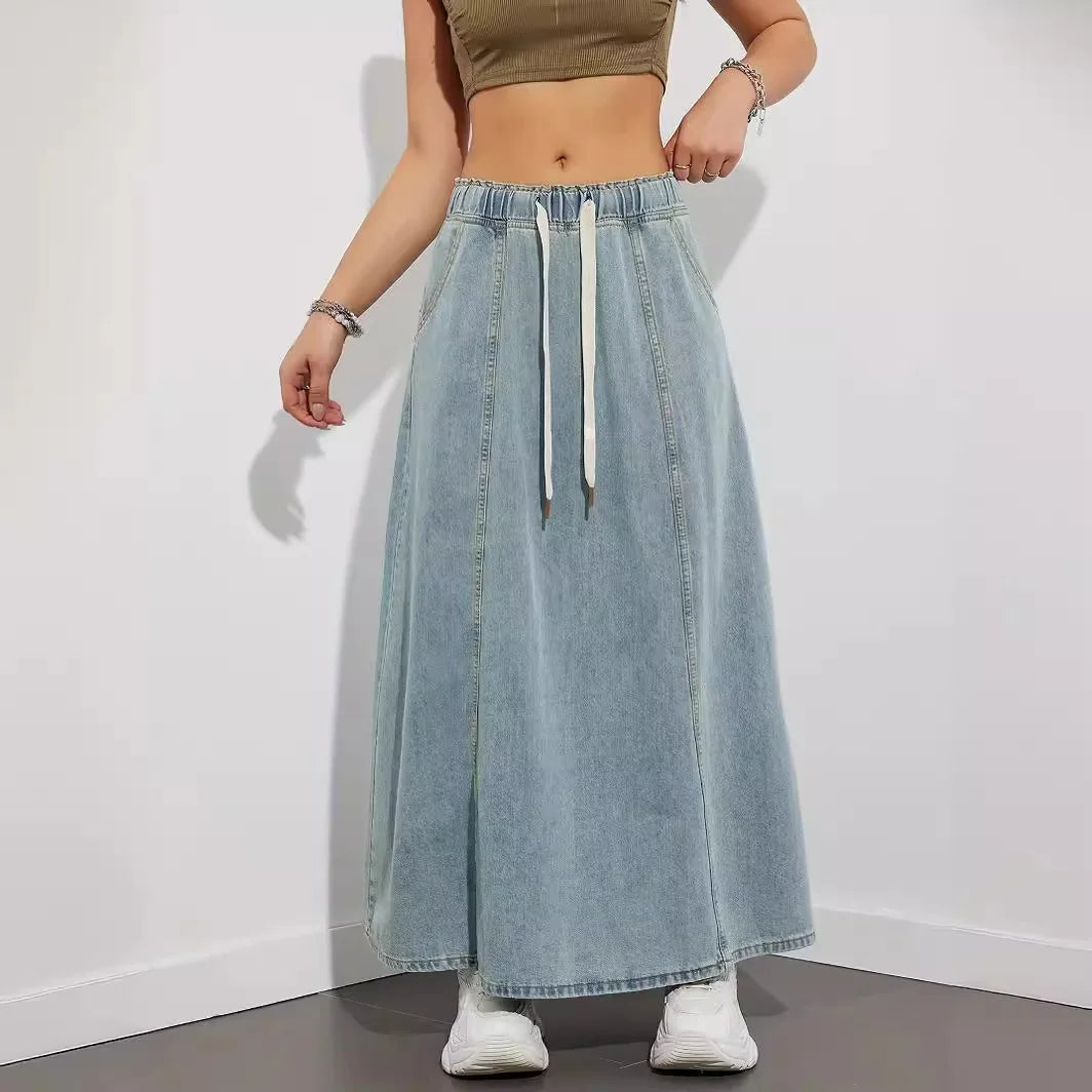 Elastic Waist Lace Up Loose Casual Denim Maxi Skirt for Women