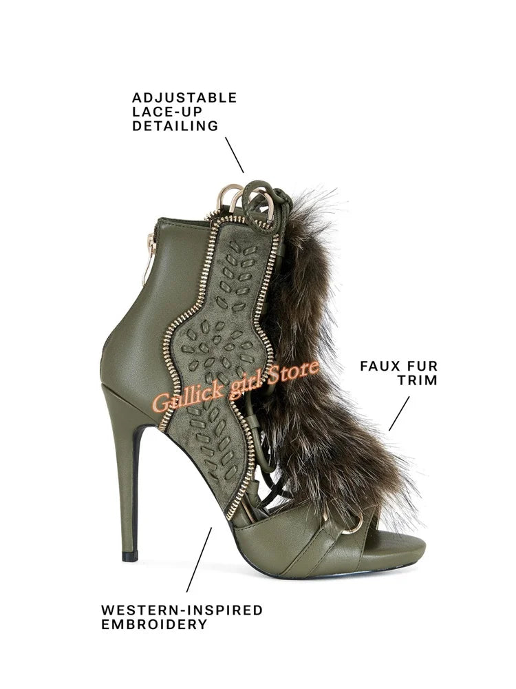 Faux Fur Open Toe Knee High Sandal Boots for Women