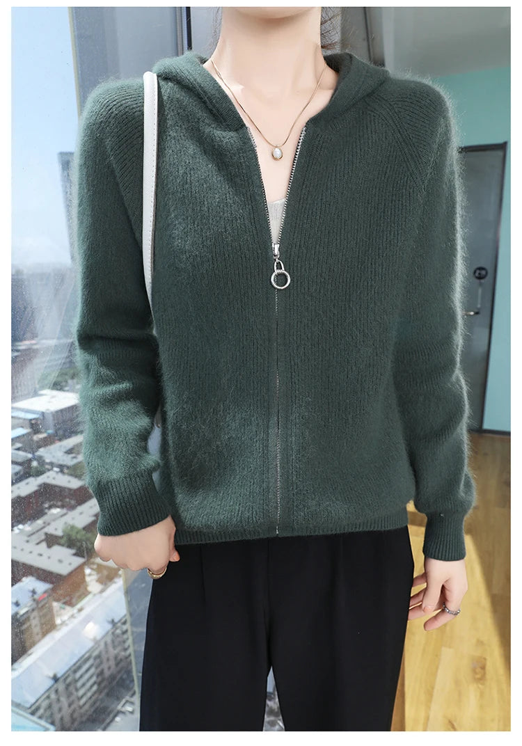 Loose Hooded Cashmere Knit Zipper Cardigan for Women