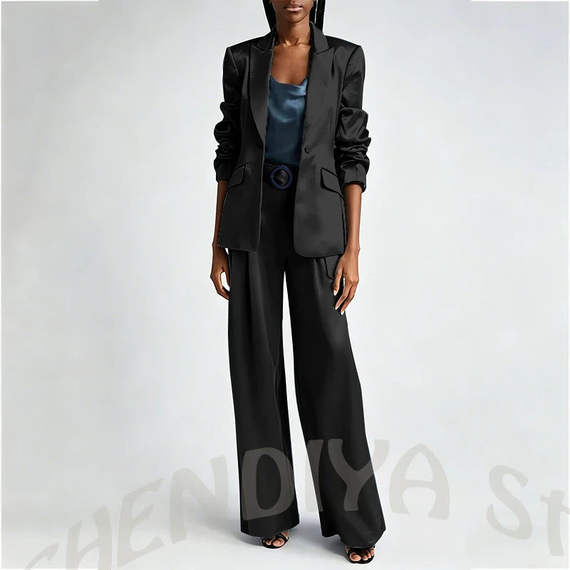 Women's Two Pieces Set Satin Peaked Lapel Elegant Fashion Single Button Straight Professional Tailor-Made Jacket with Pants