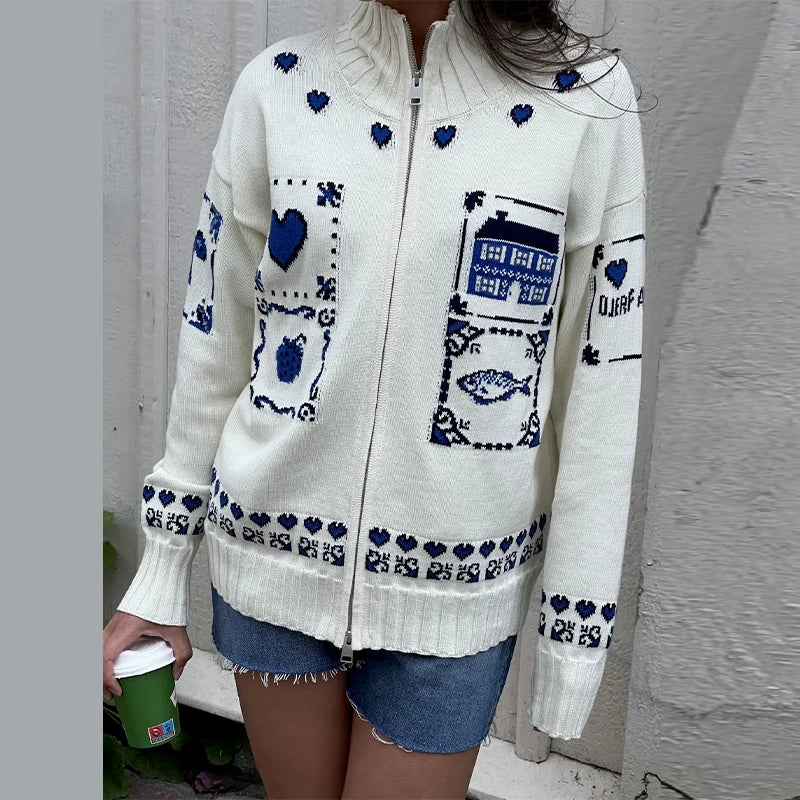 Blue Jacquard Stand Collar Zipper Cardigan for Women
