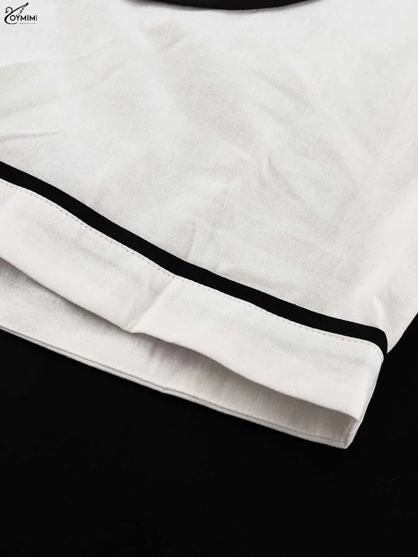 Oymimi Fashion White Cotton Two Piece Outfits Woman Elegant O-Neck Patchwork Short Sleeve Open Back Tops And Straight Skirts Set