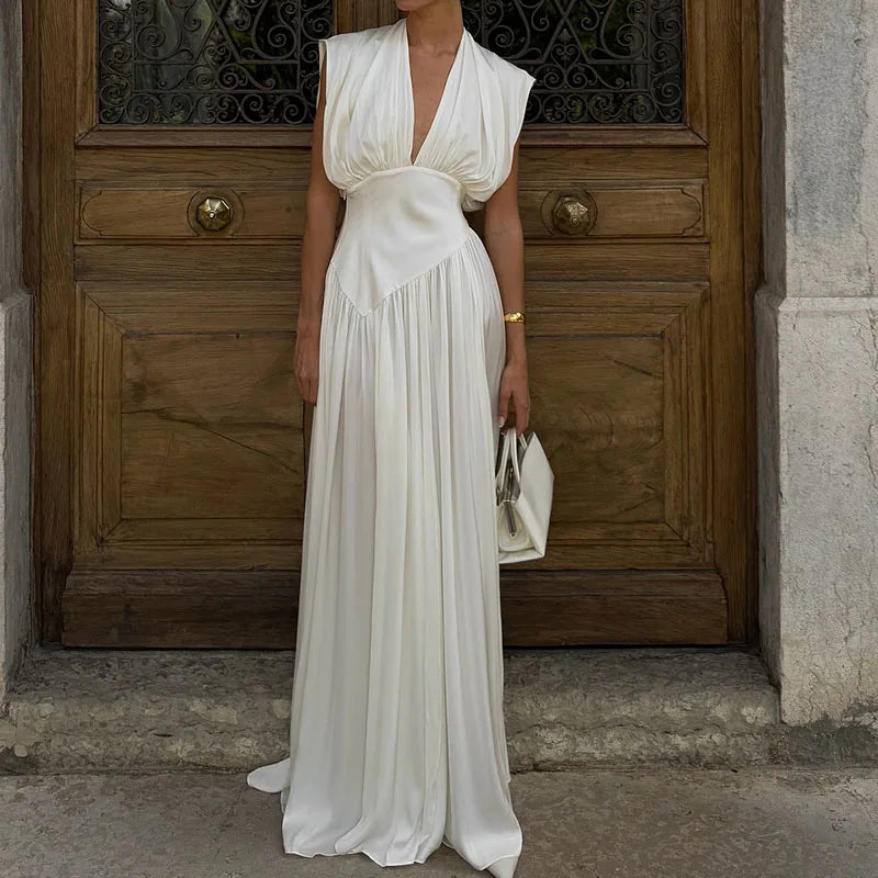 Deep V Sleeveless Pleated Satin High Waisted Evening Dress for Women