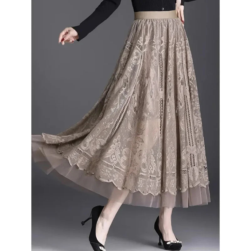 High Waist Lace Skirt With Hollow Out Studded Details For Women