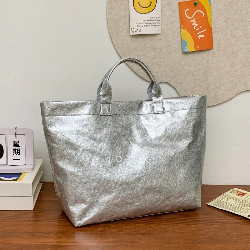Kraft paper jelly waterproof bag, women's new retro commuting large capacity DuPont paper tote bag