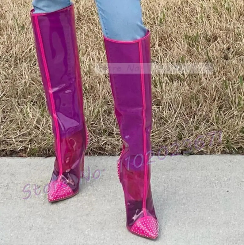 Pink Pvc Pointy Knee High Boots Female Sewing Crystal Patchwork Toe High Heels Shoes Women Punk Spring Party Long Side-zip Boots