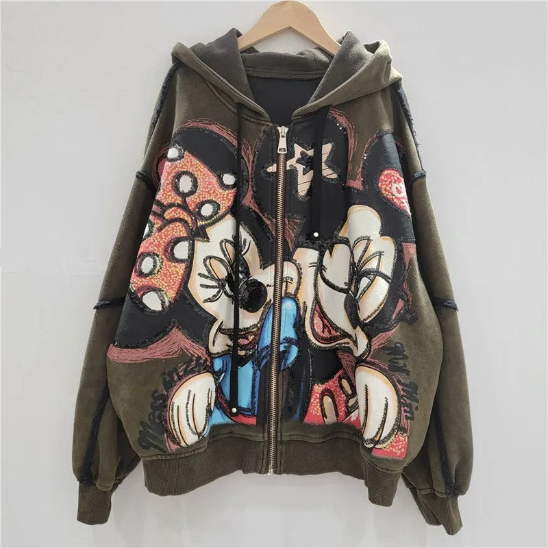 Autumn New Heavy Embroidery Cartoon Loose Coat Fashion Age-Reducing Hooded Jacket Zipper Long Sleeves Tie Top Outerwear Ladies