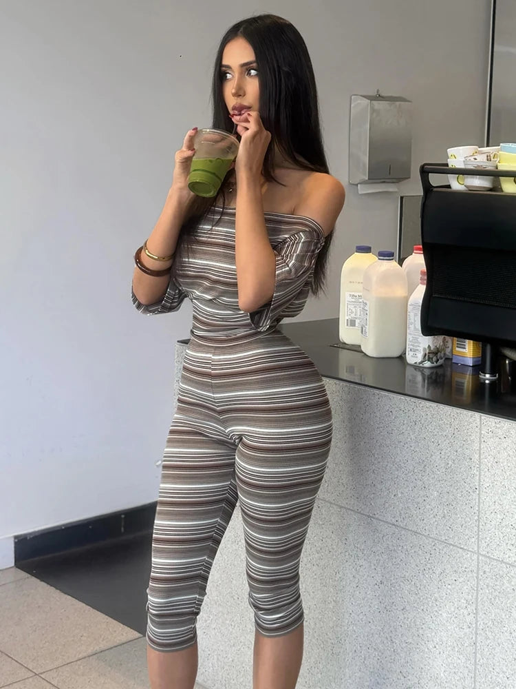Striped Slash Neck Crop Top and Capri Pants Set for Women