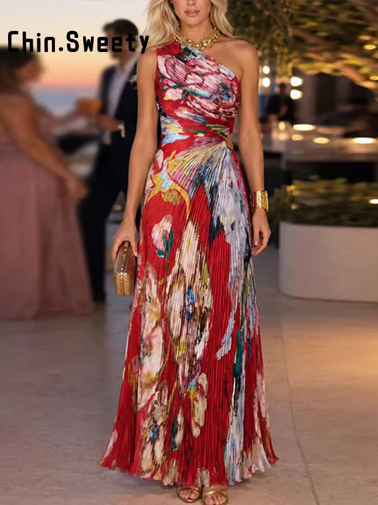 Printed Slanted Shoulder Sleeveless Maxi Dress for Women