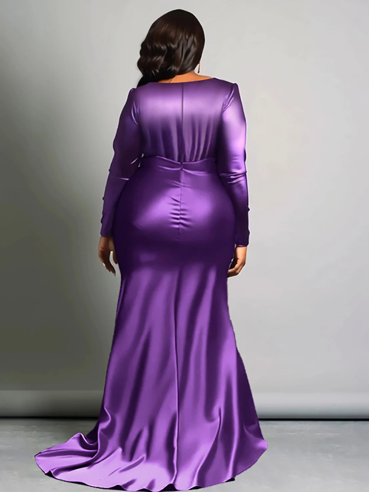 Plus Size Solid V-Neck Long Sleeve High Waist Fishtail Evening Gown For Women