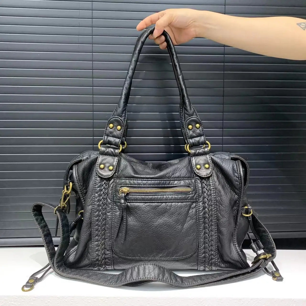 Vintage Washed PU Leather Shoulder Bag