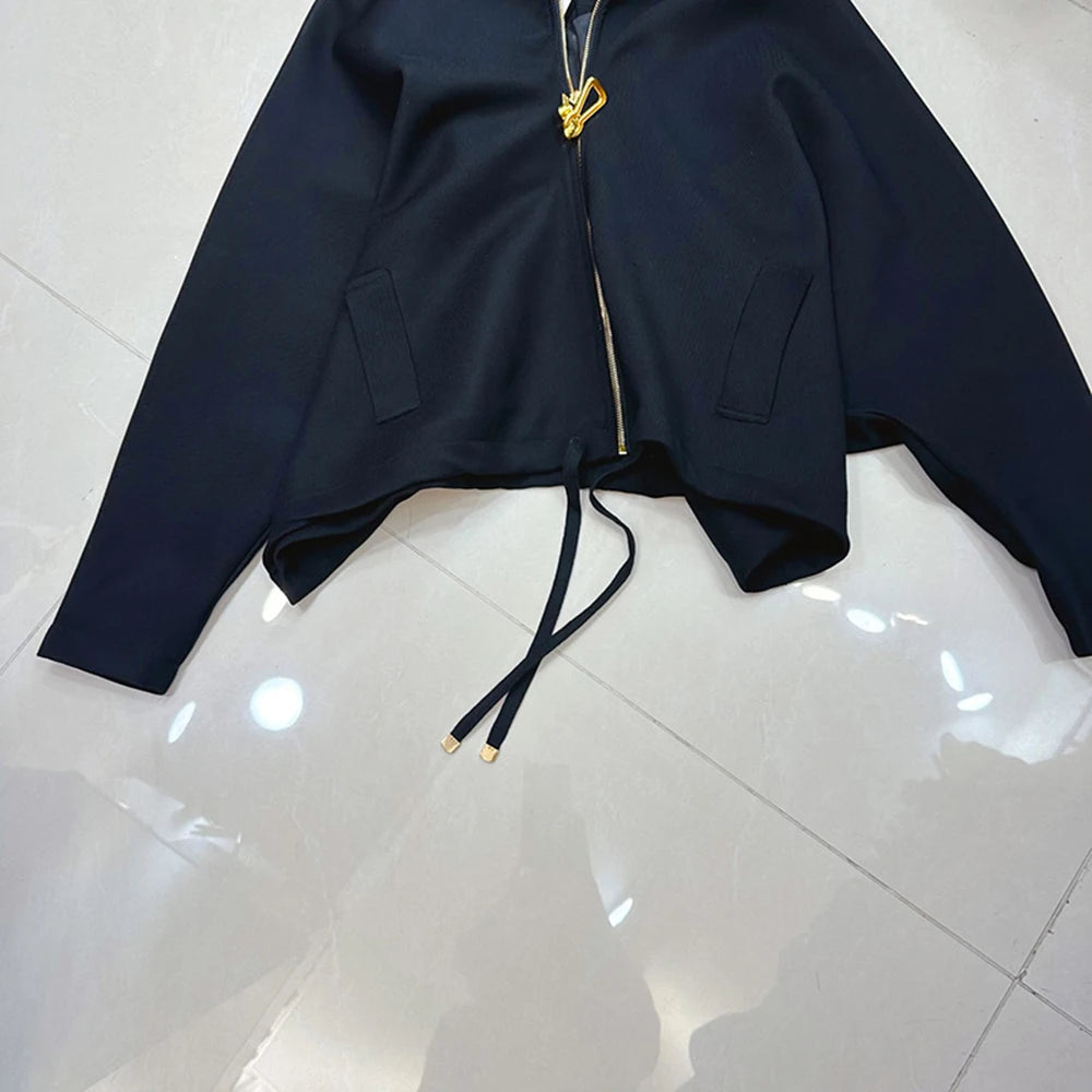 TWOTWINSTYLE Solid Design Sense Loose Jackets For Women Lapel Long Sleeve Spliced Zipper Casual Jacket Female Fashion KJA542480