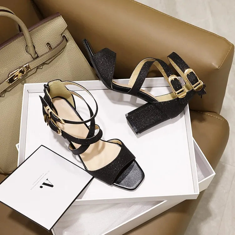 Square Heel Buckle Cross Strap Sandals