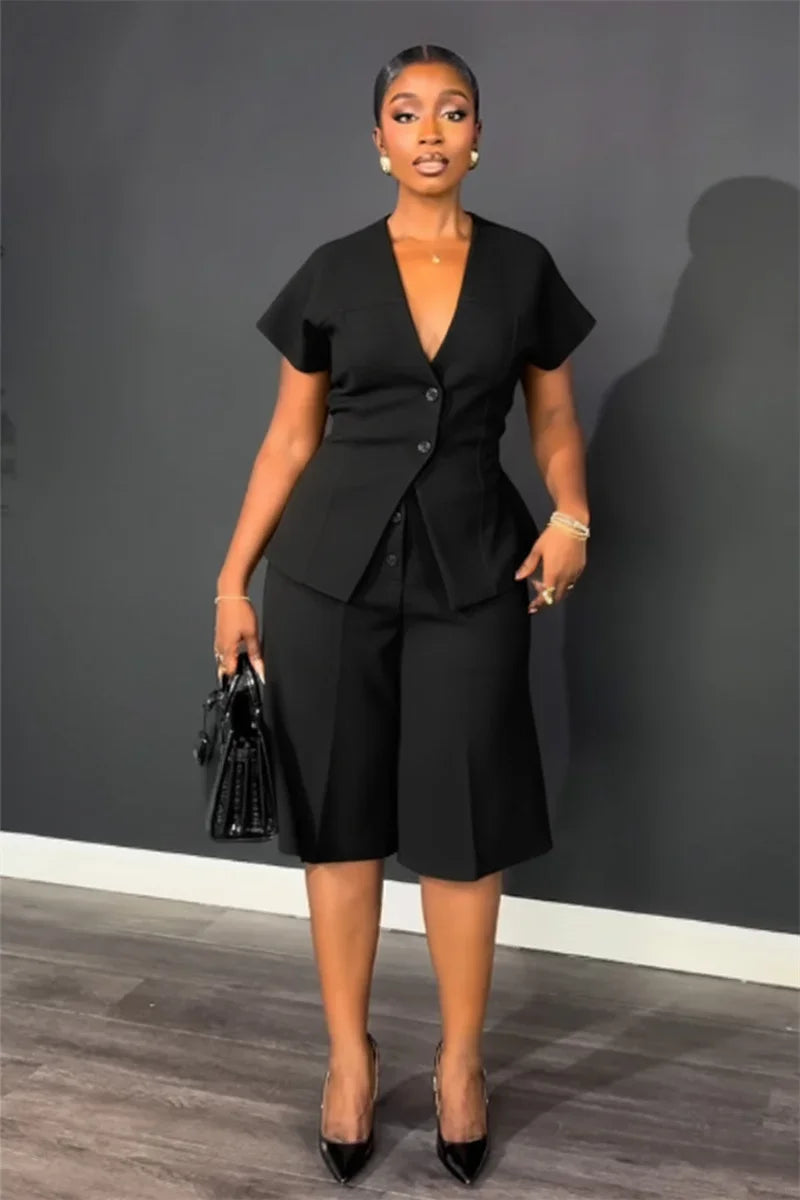 Elegant Workwear Two Piece Set with V Neck Top and Knee Length Shorts for Women