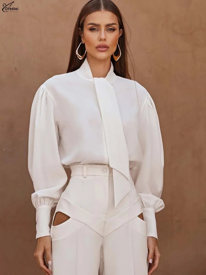 Oymimi Fashion White Lace-Up Neck Women's Shirt Casual Long Sleeve Single Breasted Blouses Elegant New Solid Loose Blouses 2025