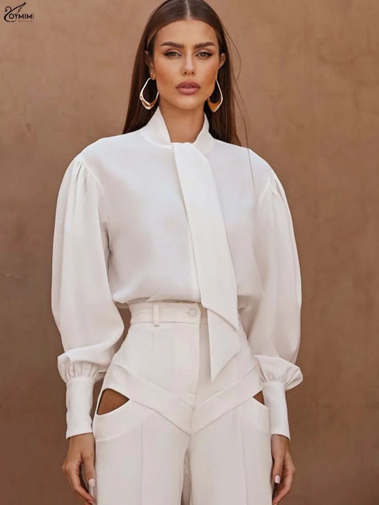 Oymimi Fashion White Lace-Up Neck Women's Shirt Casual Long Sleeve Single Breasted Blouses Elegant New Solid Loose Blouses 2025