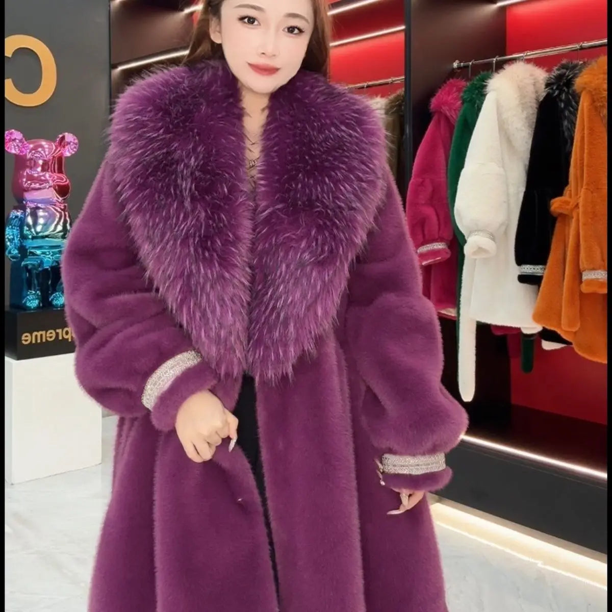 Faux Fur Coat for Women,Turn-down Collar,Loose Thicken Warm Jacket,Female Clothes,Adjustable Waist,New ,Winter