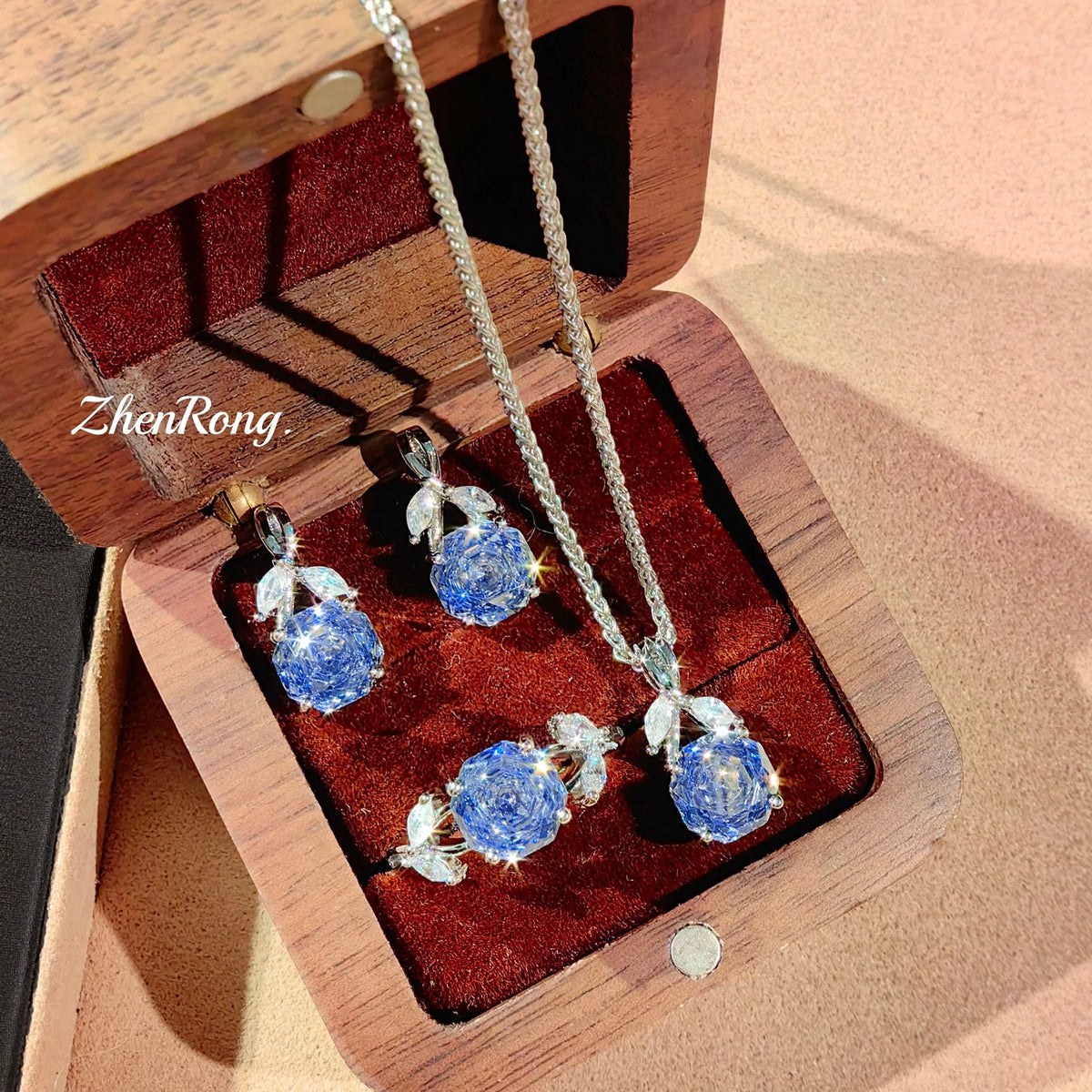 Rose Flower Cubic Zirconia Pendant Jewelry Set for Women