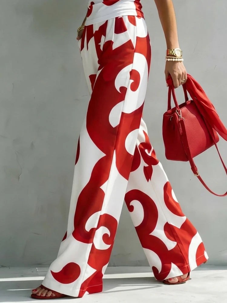 Bonboho Women's Boho Red White Abstract Swirl Print Pants High Waisted Pleated Wide Leg Trousers 2026 Vacation Outfit for Summer