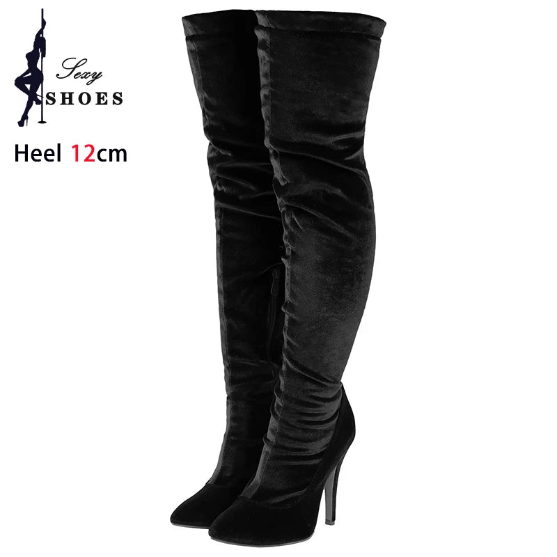 Velvet Pointed Toe Over The Knee Stiletto Boots for Women