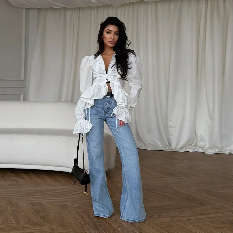 Chic Solid Ruffle Pleated Puff Sleeve Shirt for Women