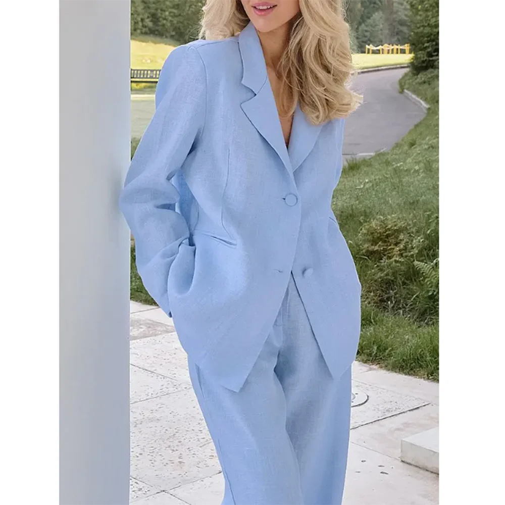 Single Breasted Light Blue Two Piece Blazer Set For Women