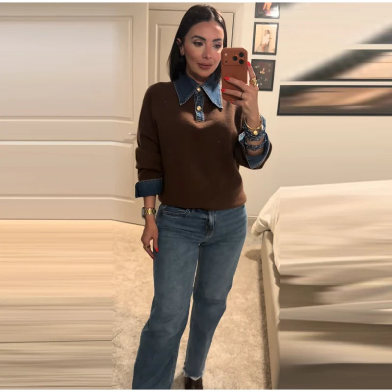 Long Sleeve Denim Collar Half Button Knit Top For Women
