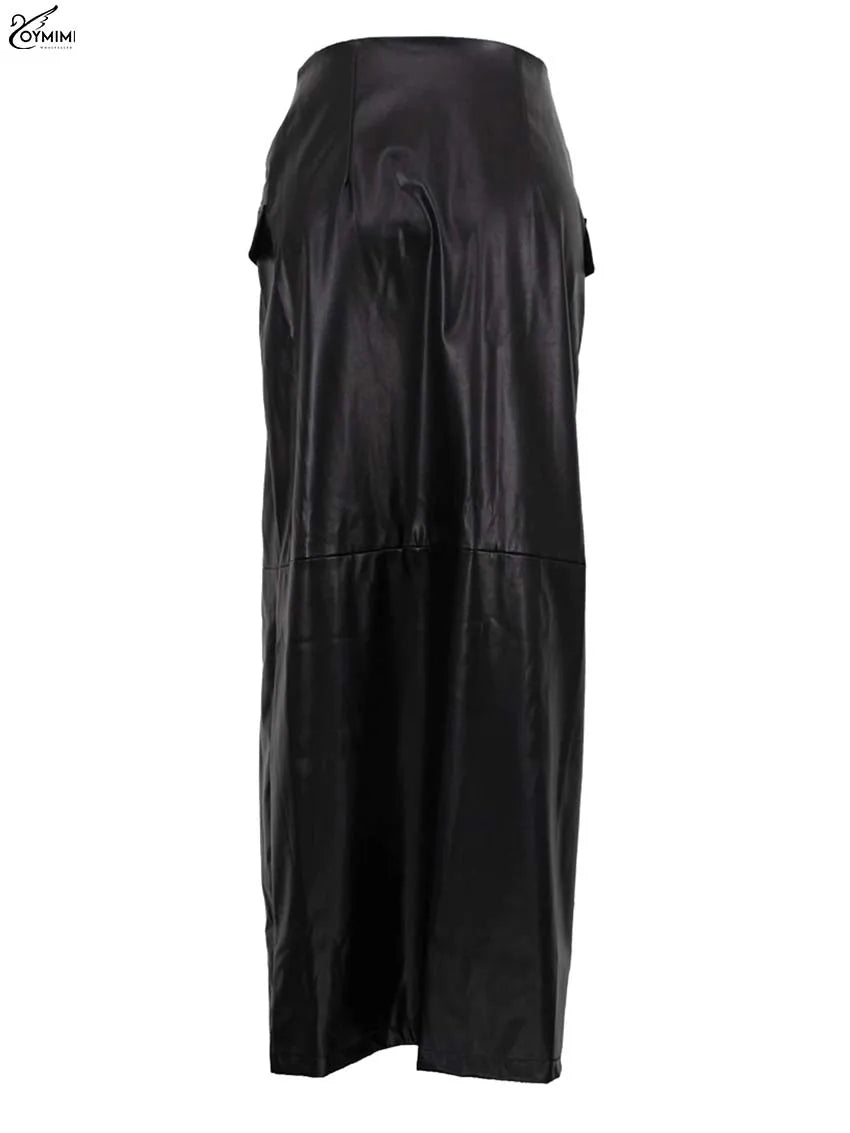 Oymimi Casual Black Pu Leather Skirts For Woman Elegant Button High Waisted Skirts Fashion Pockets Straight Skirt Streetwear