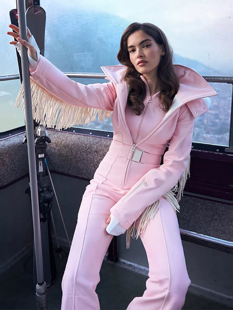 Tassel Red Slim Long Sleeve Stand Collar Wide Leg Jumpsuit for Women