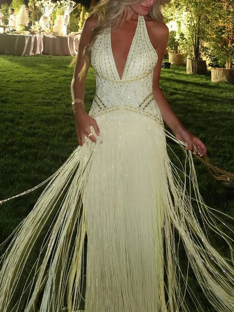 Women Sexy Backless Hollow Sequin Gowns 2026 Elegant Halter Sleeveless Long Dress Fashion Tassel Splicing Waist Slim Party Dress