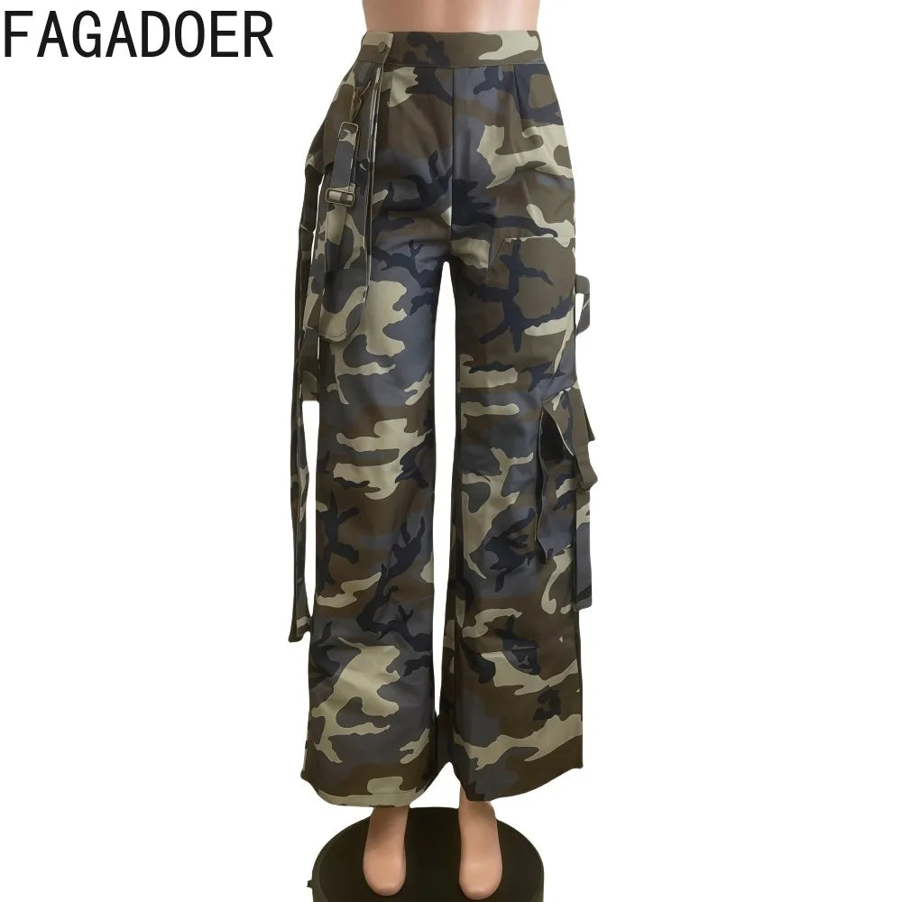 FAGADOER Fashion Camouflage Loose Pants Women High Waist Cargo Pocket Patchwork Pants Female Y2K Streetwear Bottoms 2025 New