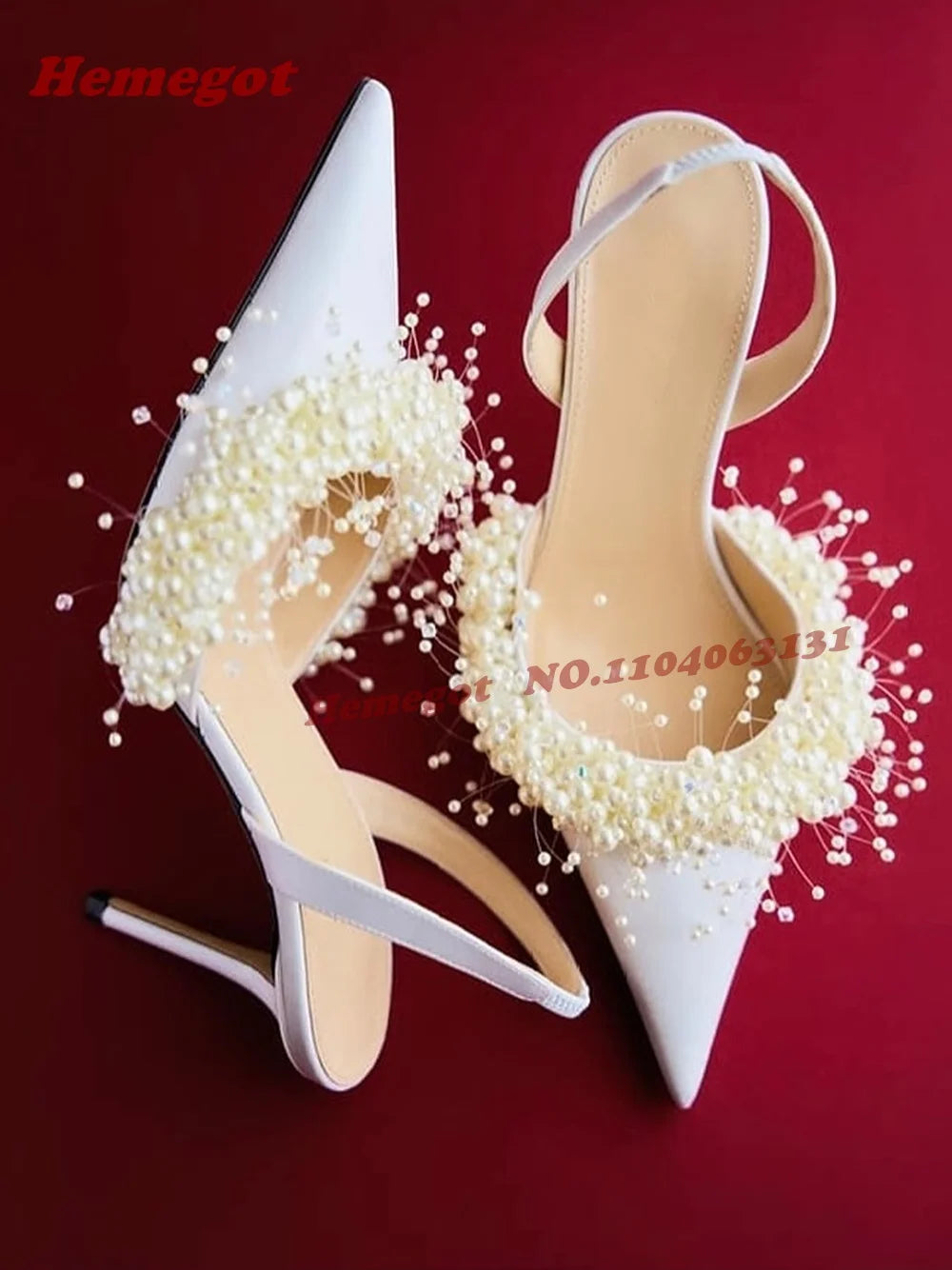 White Pearl Embellished Satin Slingback Pumps for Women
