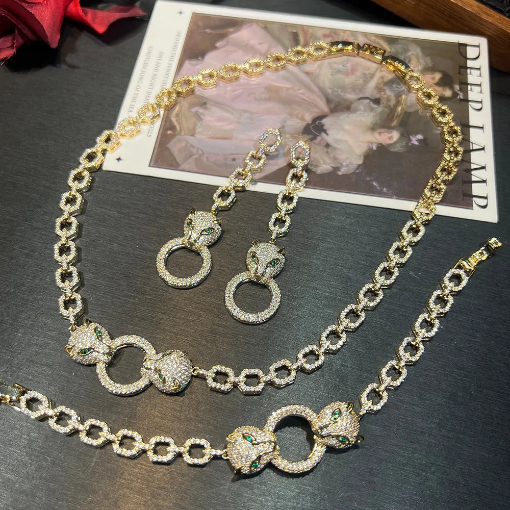 Leopard Zircon Earrings Necklace And Bracelet Set for Women