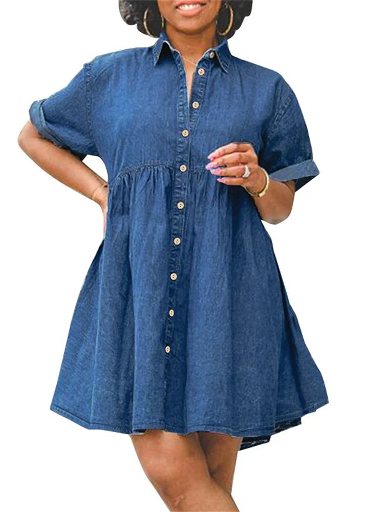 Wmstar Plus Size Denim Dresses Women Elegant Casual Loose Short Sleeve Summer Midi Dress Wholesale Dropshipping New Style