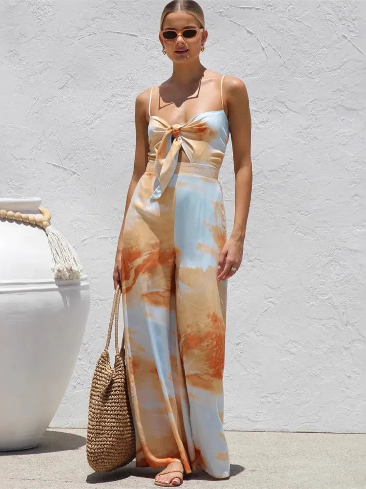 Printed Spaghetti Strap Bowknot High Waist Jumpsuit for Women